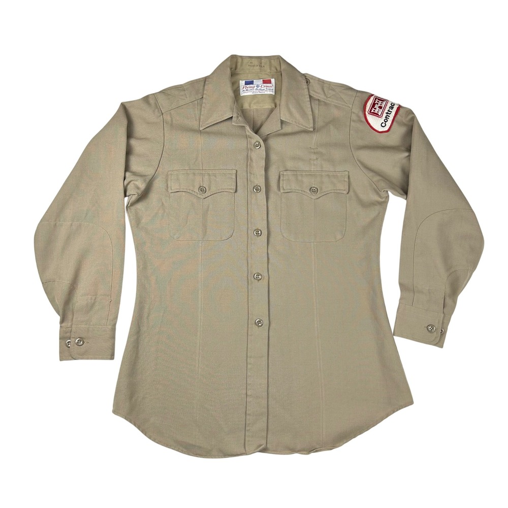 Flying Cross Vintage Tan Uniform Shirt‎ Women 36 L Contractor Patch USA Made